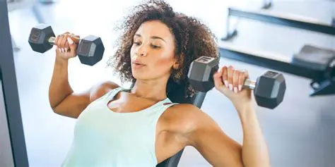 Lift the weights up towards your chest